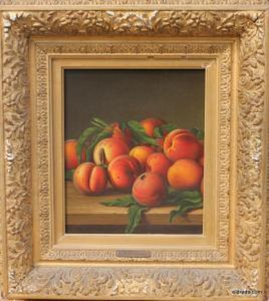 Still Life Of Peaches And A Fly On A Tabletop Oil Painting by Levi Wells Prentice