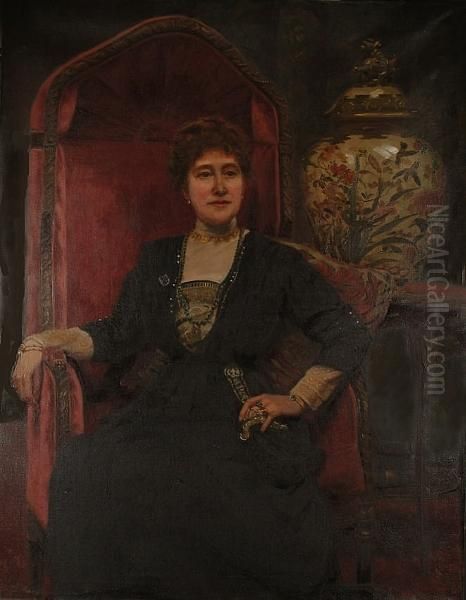 Portrait Of An Edwardian Lady, Three-quarter Length, Seated In A Sedan Style Chair In Front Of A Large Lidded Vase. Oil Painting by Charles Barrow Prescott