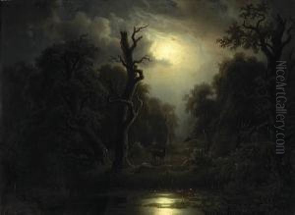 A Nocturnal Landscape With Deer Beside A Pond Oil Painting by Otto Press