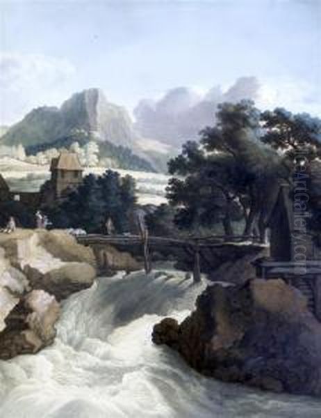 Waterfall In A Landscape Oil Painting by Johann Gottlieb Prestel