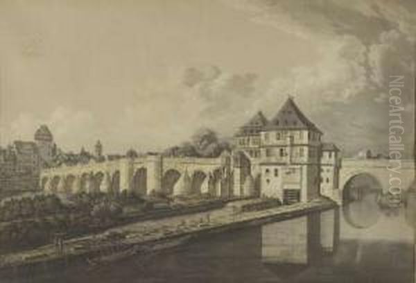 Alte Brucke Zu Frankfurt Am Main Oil Painting by Johann Gottlieb Prestel