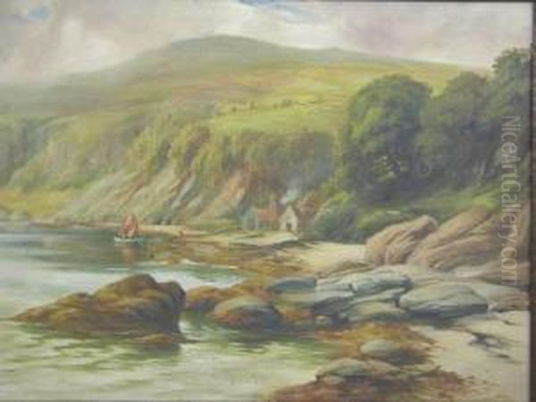 Quiet Cove With Fishermans Boathouses And Distant Hills Oil Painting by George Pretty