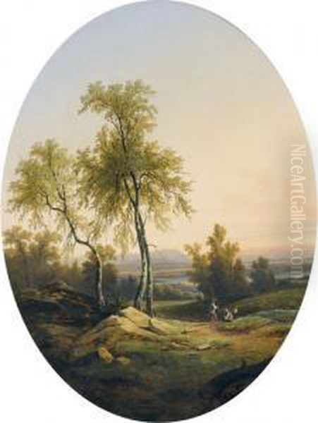 Idyllische Landschaften Mit Staffage. Gegenstucke. Oil Painting by Nicolas Louis A. Prevost