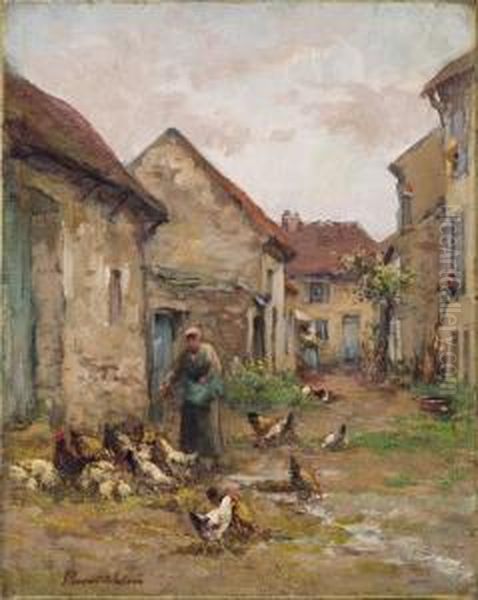 Cour De Ferme Animee Huile Sur Toile Signee En Bas A Gauche Oil Painting by Auguste Prevot-Valeri