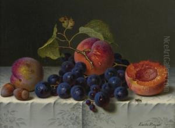 Still Life Of Peaches, Grapes, And Nuts On A Table Oil Painting by Emilie Preyer