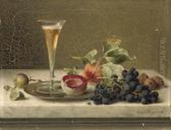 A Flute Of Champagne, Fruits And Nuts On A Silver Platter Oil Painting by Emilie Preyer