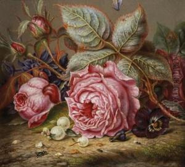 German, - Still Life With Roses, Apansy And Snowberries Oil Painting by Emilie Preyer