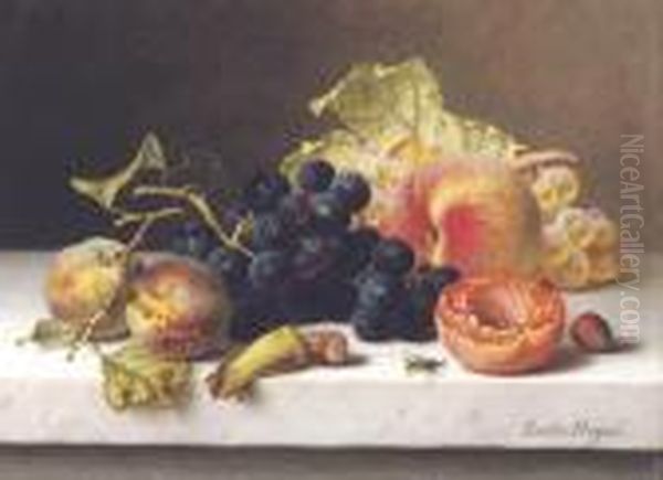 Grapes, Peaches And Plums On A Marble Ledge Oil Painting by Emilie Preyer