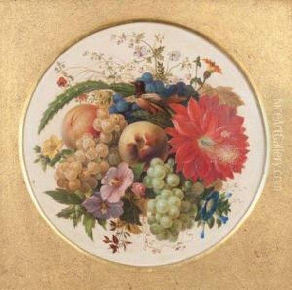 Nature Morte Aux Fleurs, Oiseaux Et Fruits Oil Painting by Johann Wilhelm Preyer