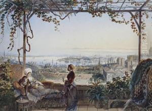 Istanbul, From A Terrace In Pera Oil Painting by Amadeo Preziosi