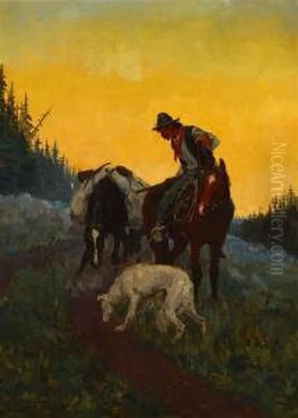 Cowboy On Horseback With Packhorse And Dog by Clayton S. Price