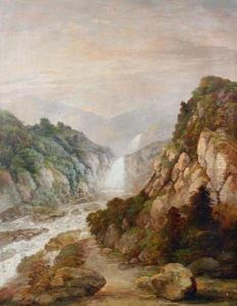 A View Of A Norwegian Waterfall Oil Painting by Edward Price