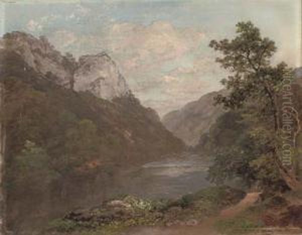 A Quiet Stretch Of River In A Mountainous Landscape Oil Painting by Edward Price