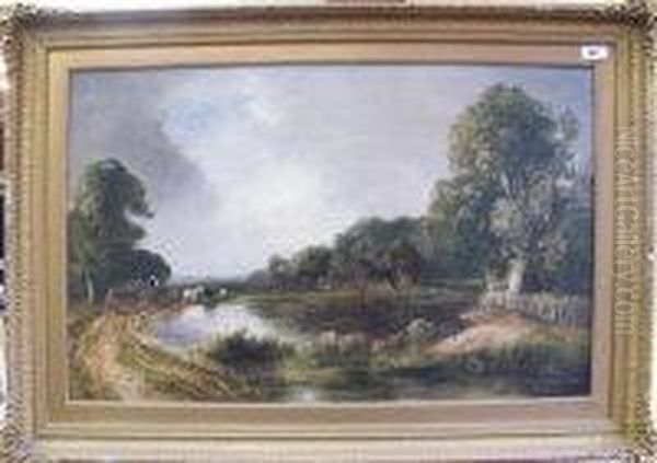 Wagon And Horses By A Wooded Lake Oil Painting by James Price