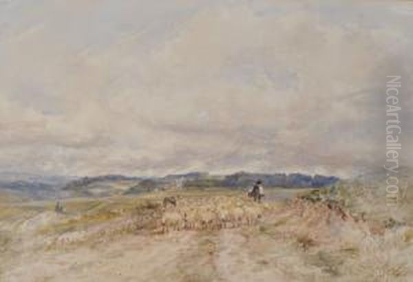 Shepherd And Sheep Inlandscape Near Brighton Oil Painting by James Price