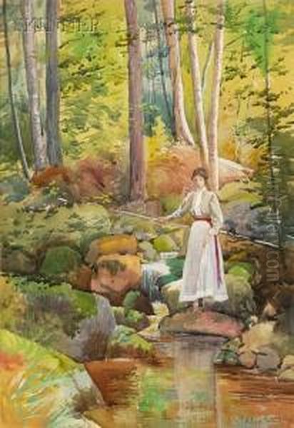 A Stroll By The Brook Oil Painting by J.Ambrose Prichard