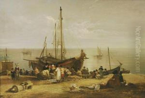 Fishmarket With Figures And Vessels On The Beach Oil Painting by Alfred Priest