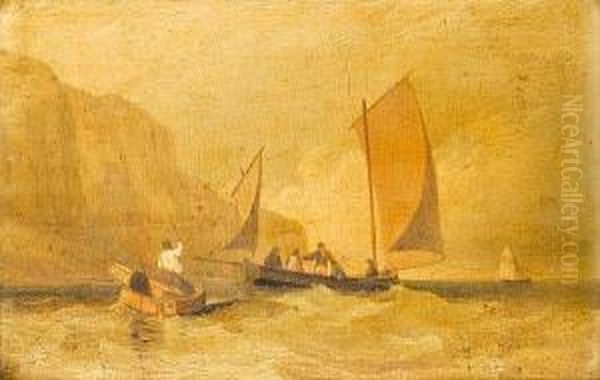 A Lugger With Passengers Inshore Belowcliffs Oil Painting by Alfred Priest