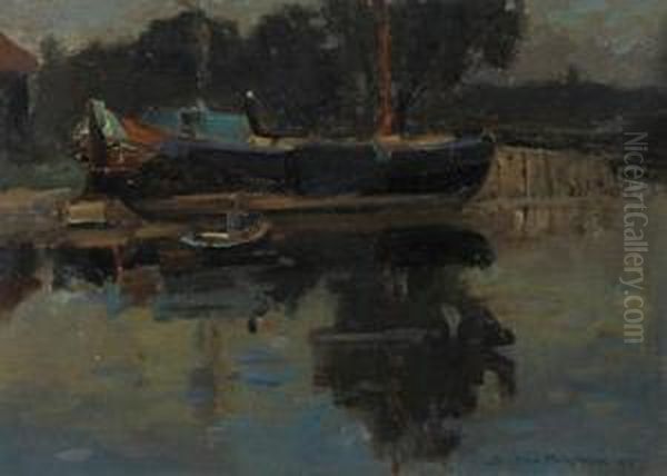 Barge At A Riverside Wharf Oil Painting by Bertram Walter Priestman