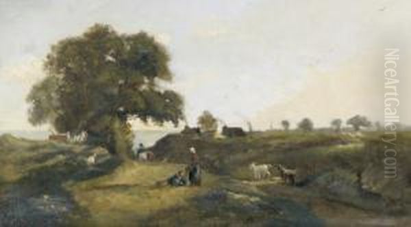 Bauernpaar Mit Ziegen In Kustenlandschaft. Oil Painting by Georges Etienne Prieur