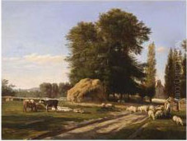 Sheeps And Cows In A Landscape Oil Painting by Georges Etienne Prieur