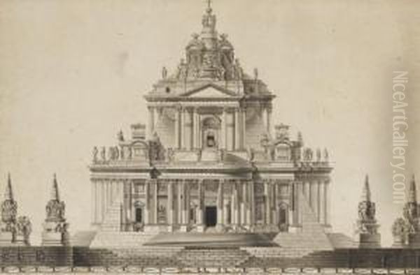 Projet D'une Facade De Chapelle A Trois Etages Avec Colonnes Ioniques Et Corinthiennes Surmontees D'un Fronton, Des Obelisques De Part Et D'autre by Jean Louis Ii Prieur