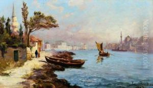 Barques Sur Le Bosphore, Istambul. Oil Painting by Francois Leon Prieur-Bardin