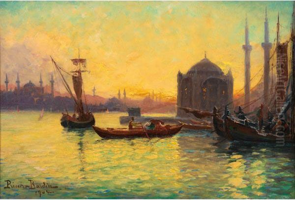 Bateaux A Constantinople Oil Painting by Francois Leon Prieur-Bardin