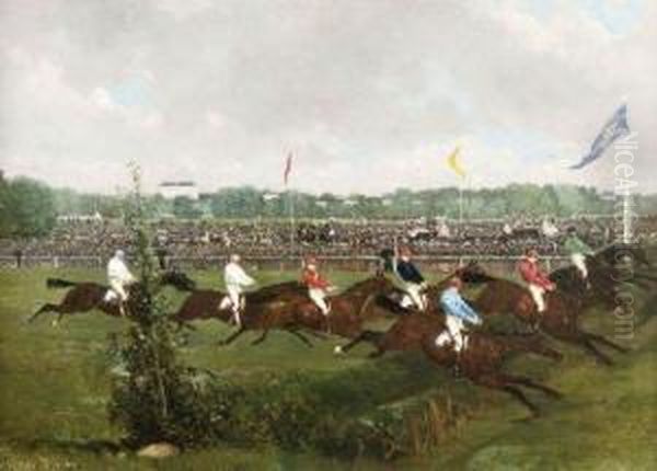 Steeple Chase Sur L'hippodrome De La Marche Oil Painting by Rene Pierre Princeteau