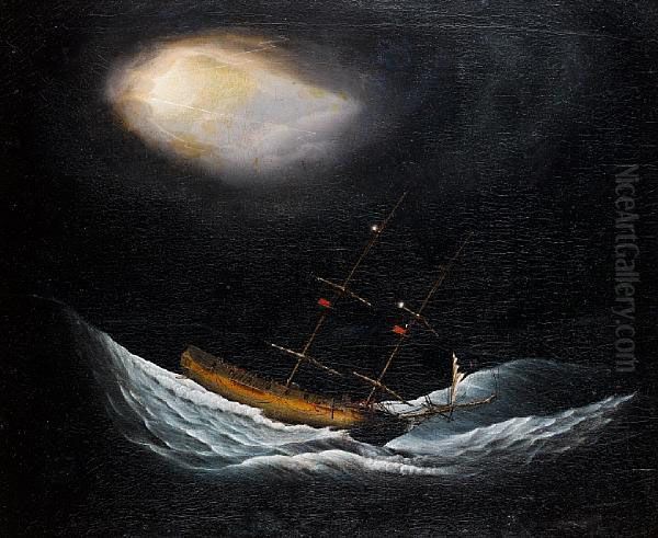 A Partially Dismasted Merchantman Trying To Make Headway In Mountainous Seas Oil Painting by J Pringle