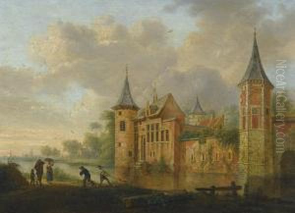 A River Landscape With A Castle And Peasants Fishing In The Foreground Oil Painting by Johannes Huibert Prins