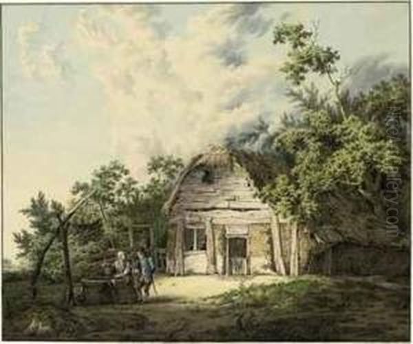 A Ruined Farmhouse In A Wooded Landscape, With A Couple Conversingby A Well Oil Painting by Johannes Huibert Prins