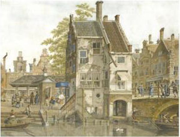 A Town Square With A Fish Market Oil Painting by Johannes Huibert Prins