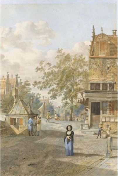 Street Scene, With Figures By A Bridge Over A Canal Oil Painting by Johannes Huibert Prins