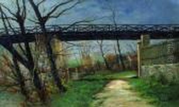 Paysage A La Passerelle. Oil Painting by Pierre Ernest Prins