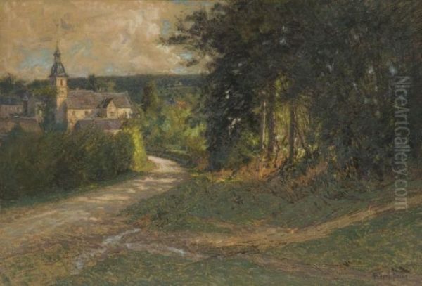 Paysage De Campagne, Vue De Village En Bord De Foret Oil Painting by Pierre Ernest Prins