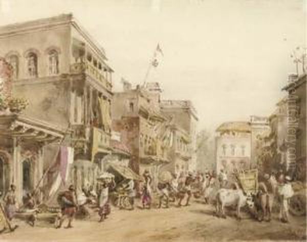 A Busy Street Scene In India Oil Painting by William Prinsep