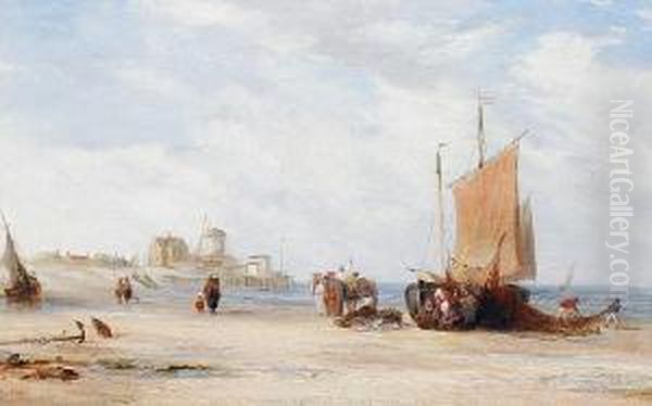 Beach Scene With Fisherfolk And Boats Oil Painting by Edward Pritchard