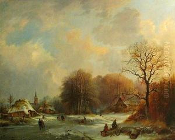 A Winter Landscape With Figures Skating On A Frozen River Oil Painting by Edward Pritchard