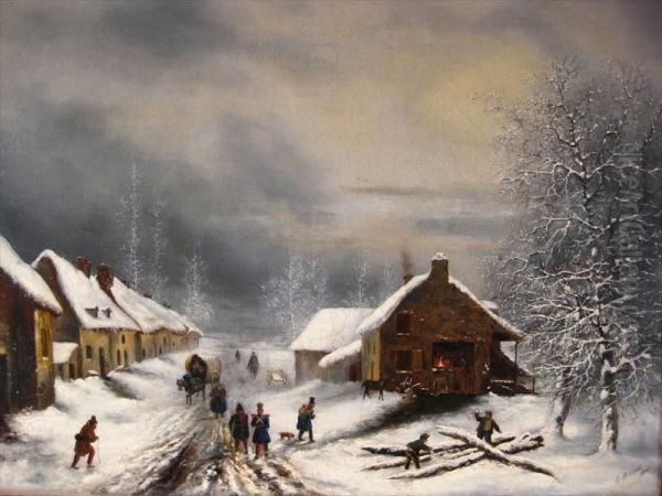 Soldiers In Winter Village Oil Painting by Edward Pritchard