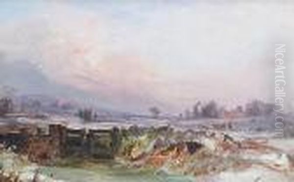 A Winter Landscape With A Farm Gate In The Foreground Oil Painting by Edward Pritchard