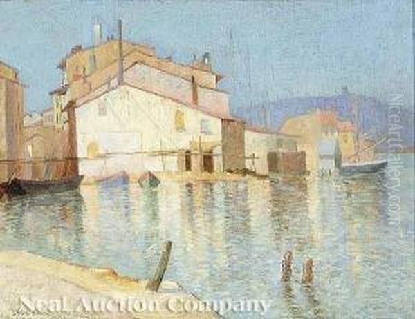 Harbor Scene Oil Painting by J. Ambrose Pritchard