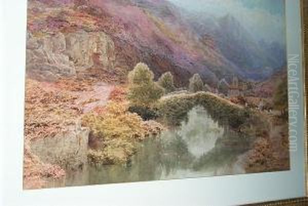 Alpine Valley In Summer, With Cattle Being Herded Across A Bridge Oil Painting by Thomas Pritchard