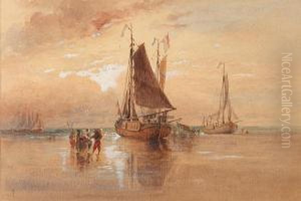 Beach Scene With French Fishing Vessels Oil Painting by Robert Taylor Pritchett