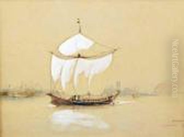 A Barge In Full Sail With Cannon Oil Painting by Robert Taylor Pritchett