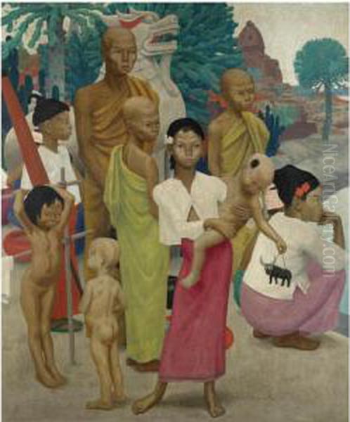 A Buddist Family Oil Painting by Ernest Procter