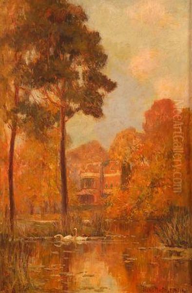 River Scene With Swans 
House To Distance Oil Painting by Adam Edwin Proctor