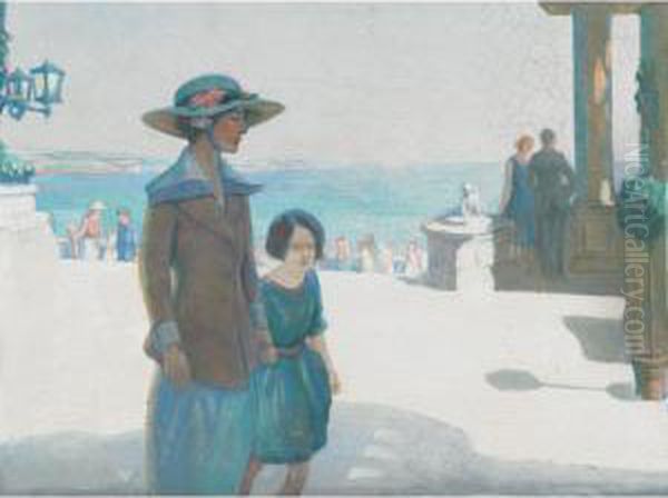 Mother And Daughter On A Mediterranean Terrace Oil Painting by Alexander Phimister Proctor