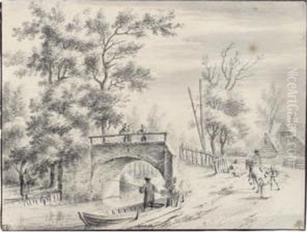 A Stone Bridge Crossing A River, With Two Fishermen To The Left, And A House In The Distance by Cornelis Pronk