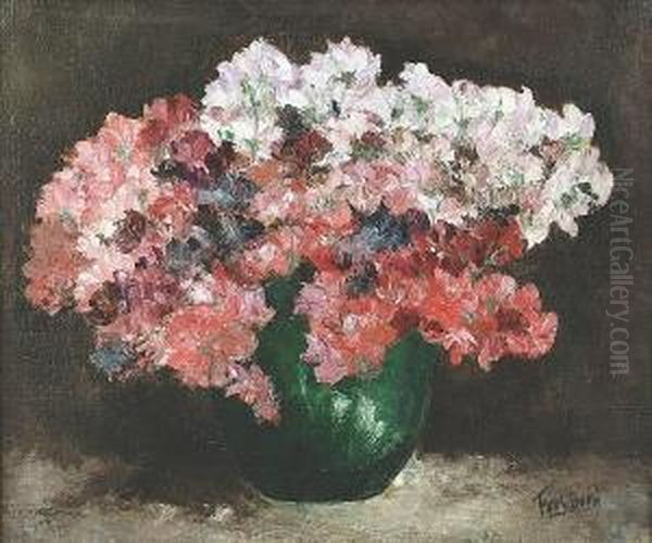 Still Life Of Sweet Peas In A Green Vase Oil Painting by Frans Proost